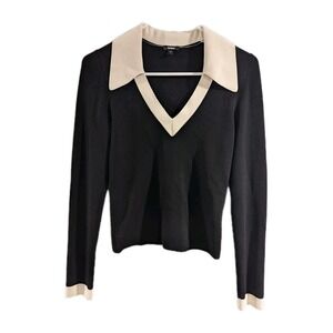 Express Ponte Blouse Black Cream Collar & Cuff Y2K 90s Style Preppy Womens M